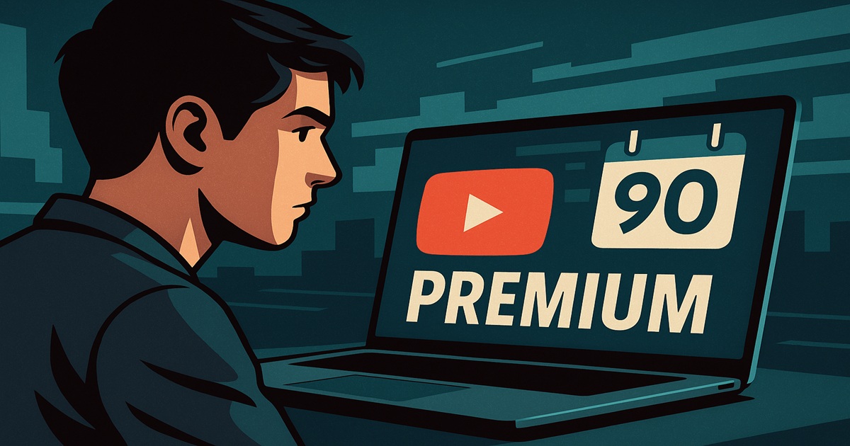 ノートPC画面に「YouTube Premium 90日」とカレンダー風アイコンが描かれ、それを真剣に見つめる人物のイラスト。