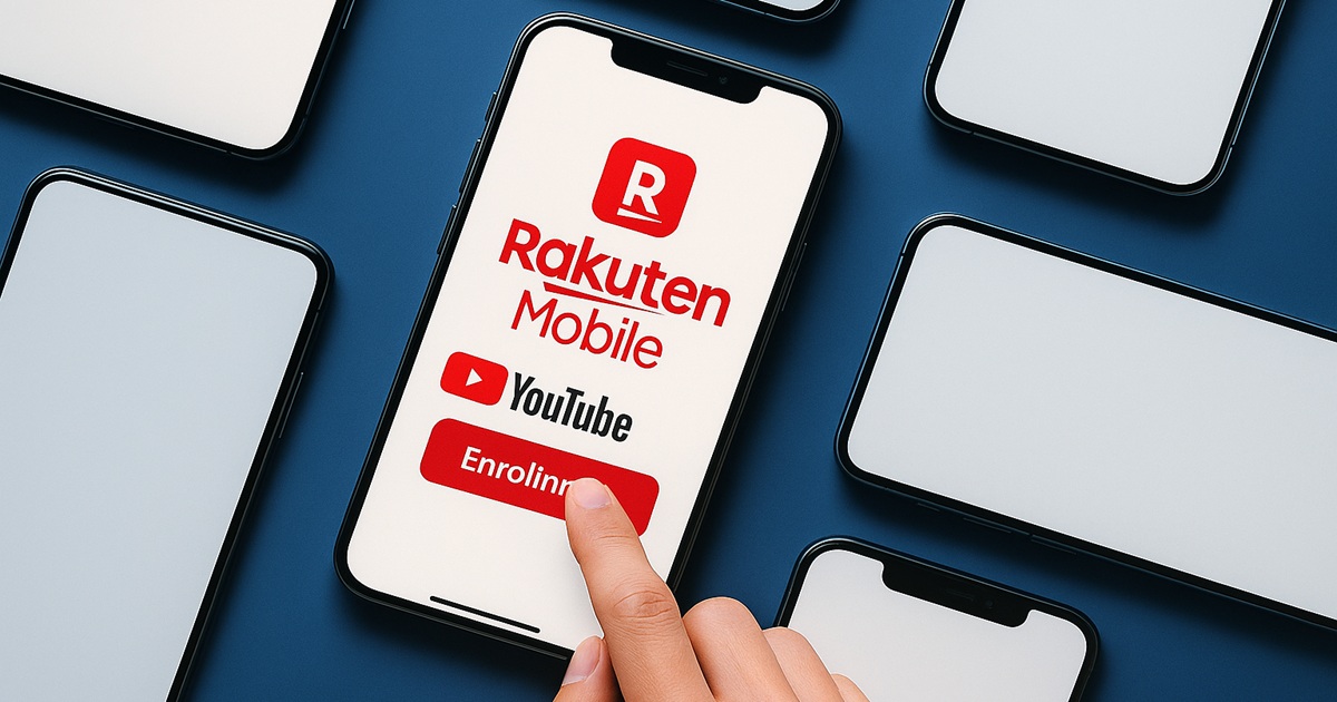 スマホ画面に楽天モバイルとYouTube Premiumのロゴが表示され、登録ボタンを押そうとしている指のクローズアップ。
