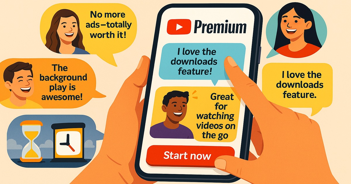 スマホ画面にYouTube Premiumが表示され、周囲に吹き出しで「広告なし最高」「ダウンロード便利」などのレビューが並ぶイラスト。