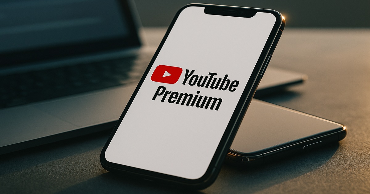 スマホ画面にYouTube Premiumのロゴが大きく表示され、机の上にノートPCと一緒に置かれている。