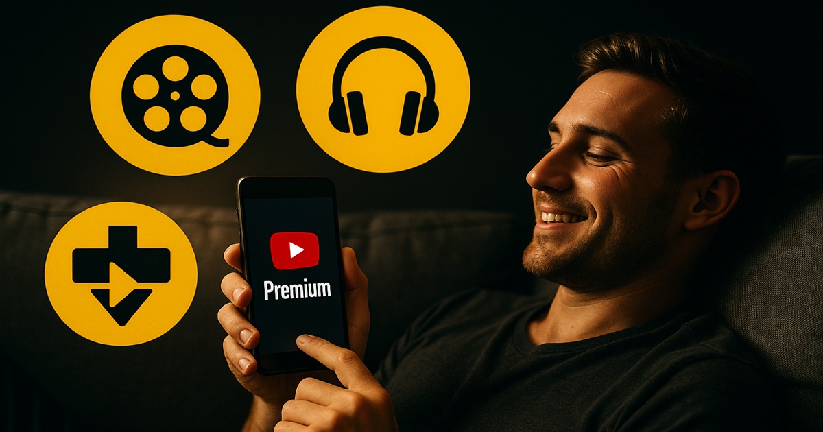 ソファで笑顔の男性がスマホでYouTube Premiumを視聴し、周囲に映画・音楽・ダウンロードを示す黄色アイコンが浮かぶ。