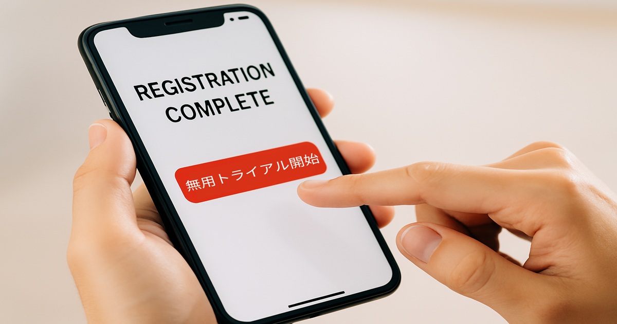 スマホ画面に「登録完了」と「無料トライアル開始」と表示され、指でボタンをタップしているクローズアップ。