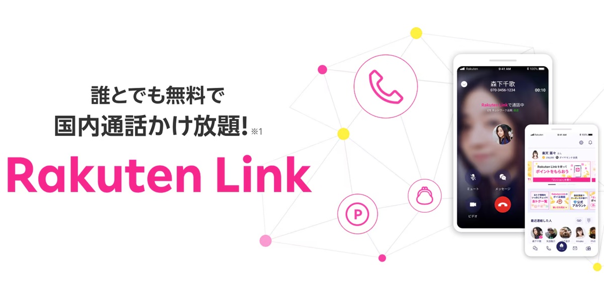 Rakuten Linkの公式プロモーション画像。『誰とでも無料で国内通話かけ放題』のキャッチコピーと、通話画面が表示されたスマートフォンのイメージ。