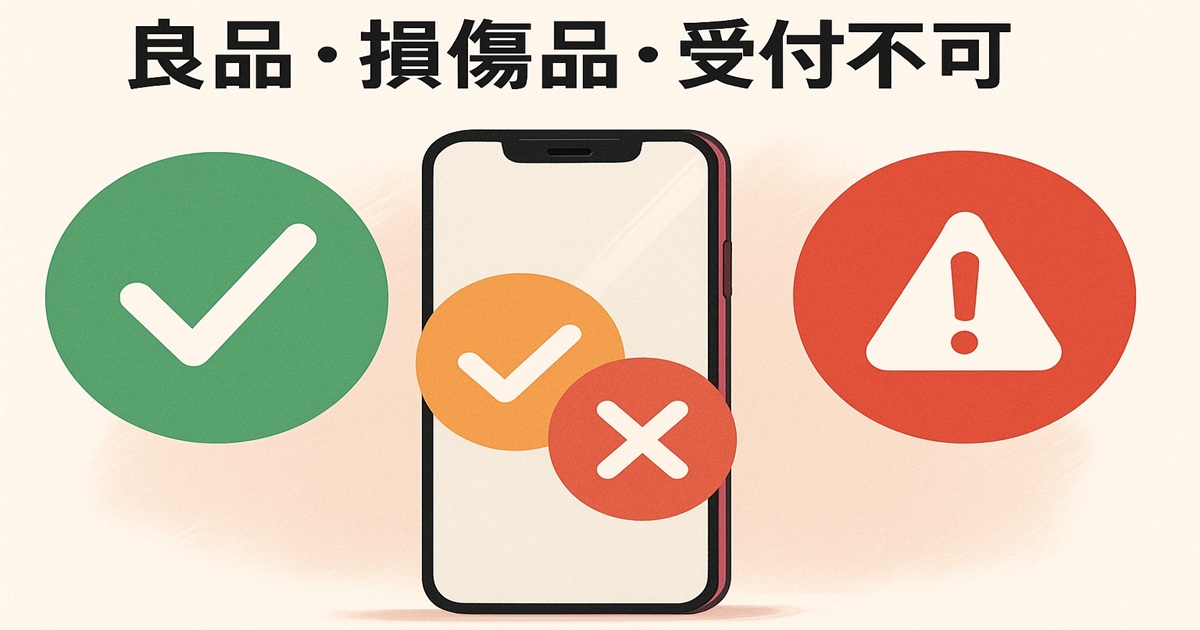 「スマートフォン中央にチェックマークと警告アイコンを配置。良品・損傷品・受付不可を判定するイラスト