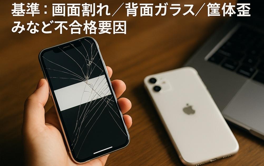 画面が大きく割れたiPhoneを手に持つ写真。画面割れや背面ガラス破損、筐体歪みが返却不合格の要因であることを示す