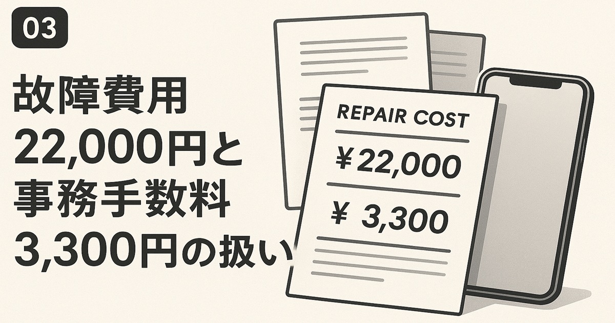 Repair Costと記載された書類のイラスト。故障費用22,000円と事務手数料3,300円を説明する