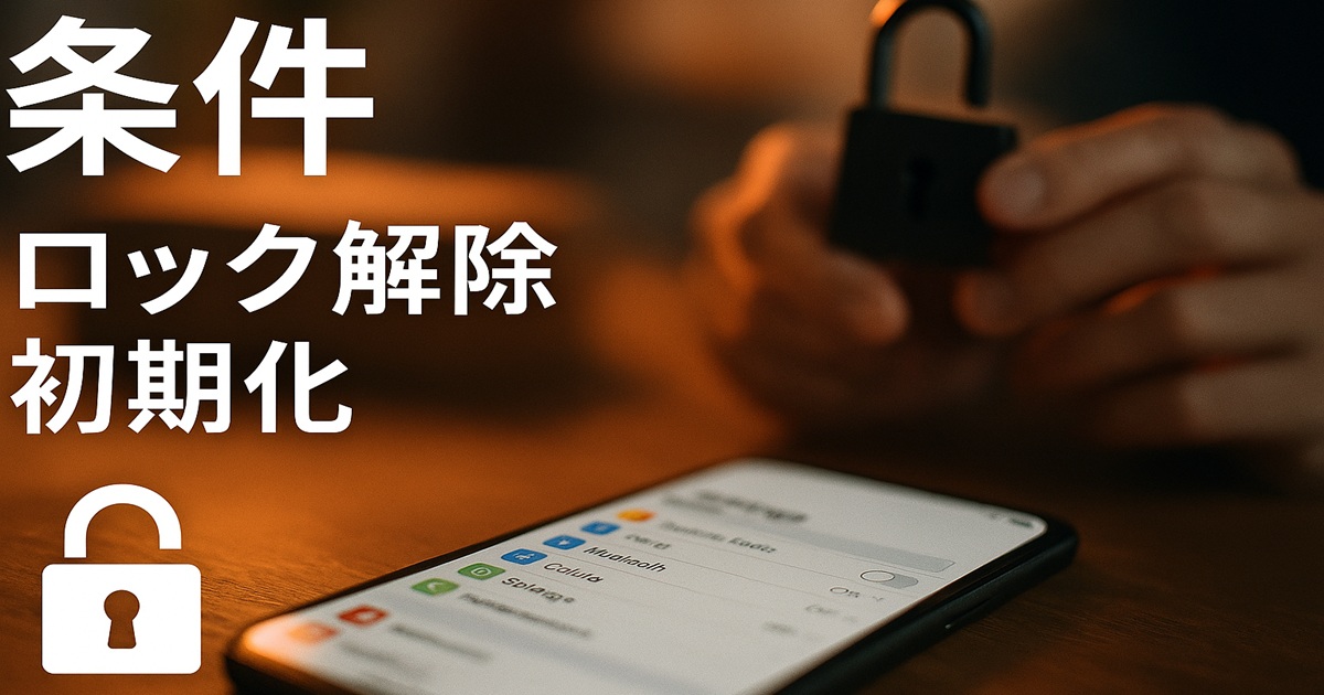 スマートフォンの画面と解錠された南京錠を持つ手の写真。返却条件としてのロック解除や初期化を表現