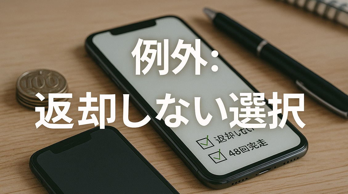 机上のスマートフォンに『返却しない』『48回完走』のチェック項目が表示された写真。返却しない選択肢を表現