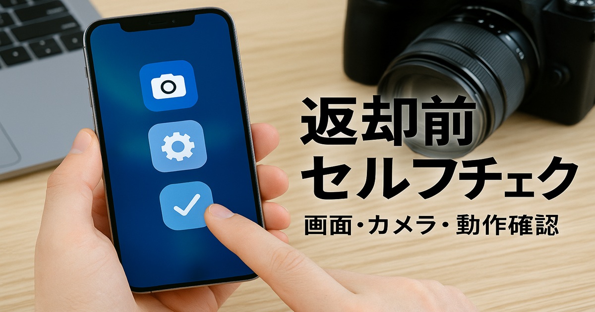 セルフチェックアプリを表示したスマートフォンを指で操作する写真。画面・カメラ・動作確認の重要性を伝える