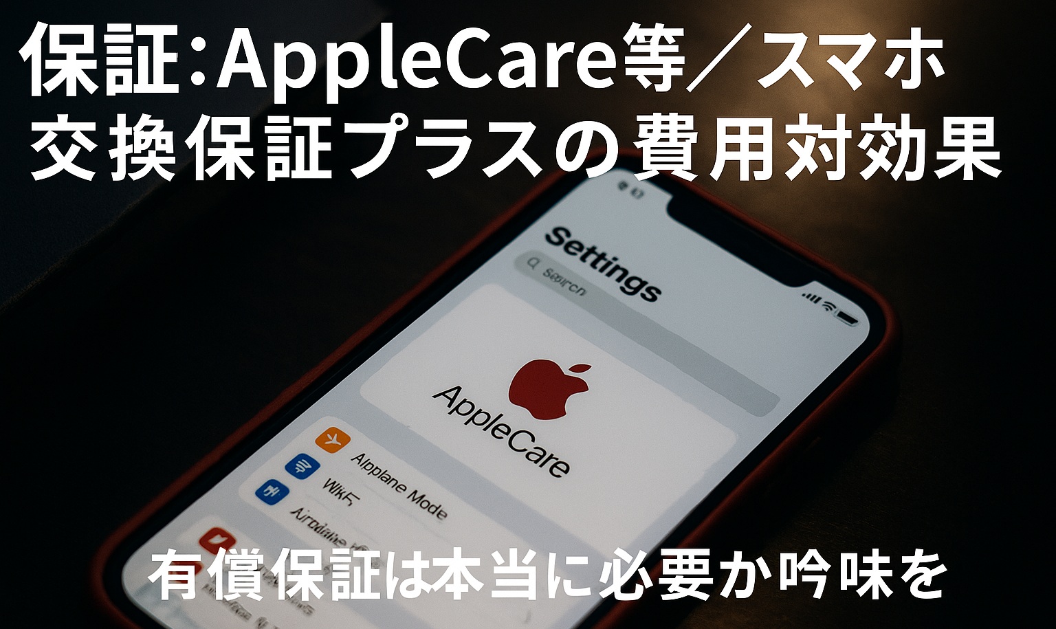 AppleCareの設定画面を表示したiPhoneの写真。有償保証やスマホ交換保証プラスの費用対効果を強調するバナー