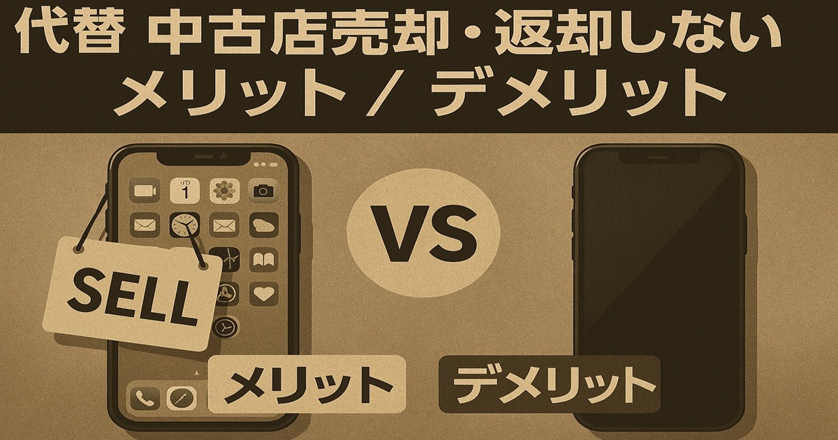 中古店売却と返却しない選択を比較するスマートフォンのイラスト。メリットとデメリットを対比したデザイン