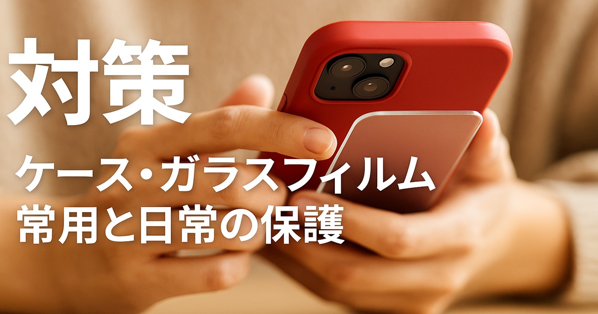 赤いケースを装着したスマートフォンを操作する人の手元の写真。ケースやガラスフィルムの常用による日常の保護を強調
