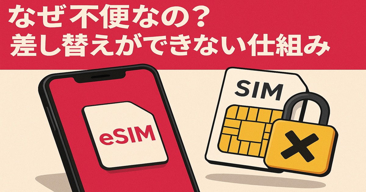 赤とベージュの背景に、スマホ画面にeSIMマーク、隣にSIMカードと南京錠のイラスト。差し替えできない仕組みを説明するカタログ調イラスト。