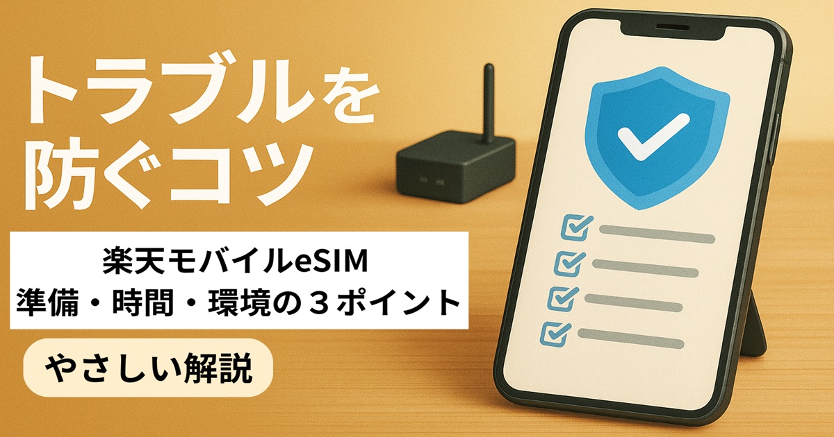 机の上にスマートフォンとルーターが置かれ、チェックリストを表示した画面。eSIMトラブルを防ぐためのポイントを説明するイラスト。