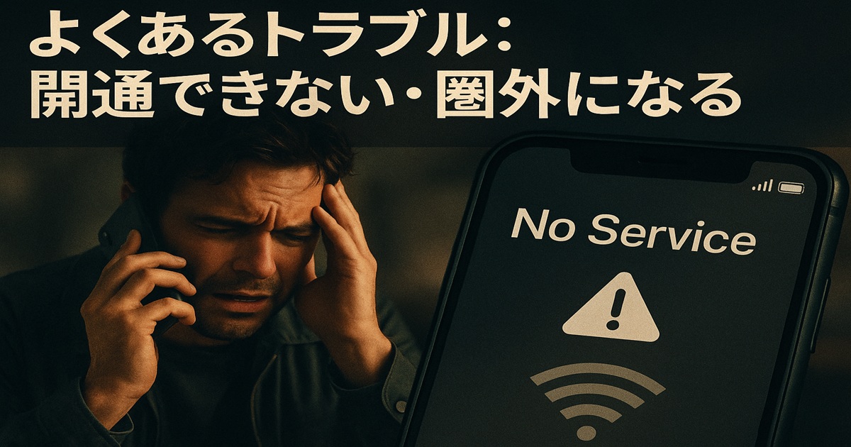 スマホを耳に当てて困った表情の男性と、「No Service」と表示されたスマホ画面。通信トラブルをリアルでシネマティックに表現した写真風イメージ。