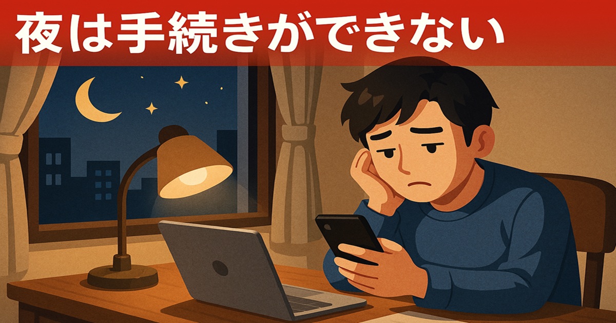 夜の部屋でスマートフォンを手に悩む男性。窓の外には月と星。夜間手続きの制限を示すイラスト。