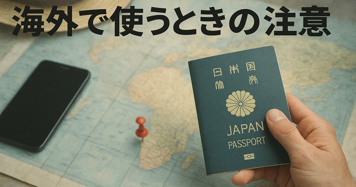 世界地図の上にスマートフォンと日本のパスポートを持つ手。海外利用時の注意を示すシネマティックなイラスト。