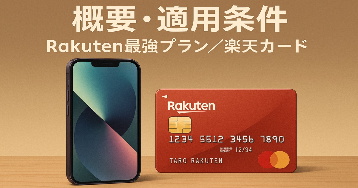概要・適用条件：Rakuten最強プランと楽天カードを並べた横長バナー。対象プランと支払い方法を視覚的に説明