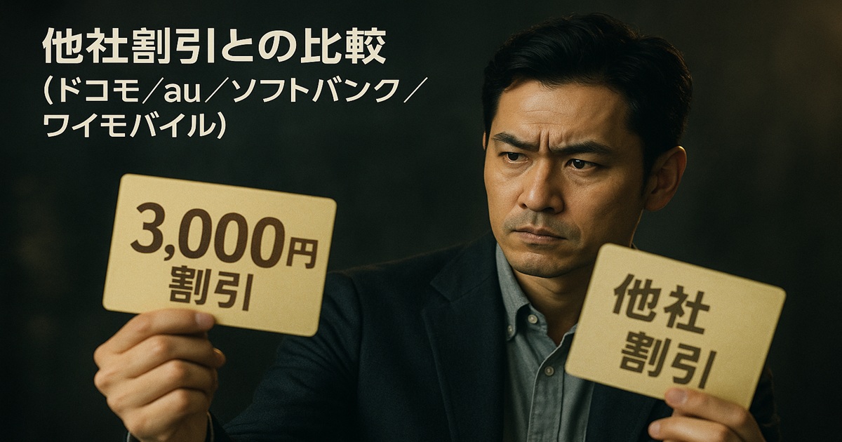 他社割引との比較を示すバナー。男性が『3,000円割引』と『他社割引』と書かれた札を見比べ、ドコモ／au／ソフトバンク／ワイモバイルの比較を表す