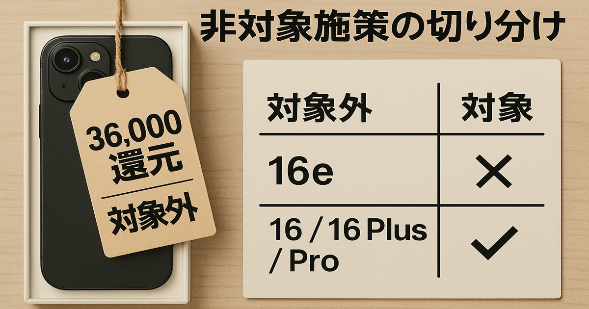 iPhone16eは36,000円還元の対象外であることを示す比較表。左にタグ付きiPhone16e、右に『対象外／対象』の表を並べた説明バナー