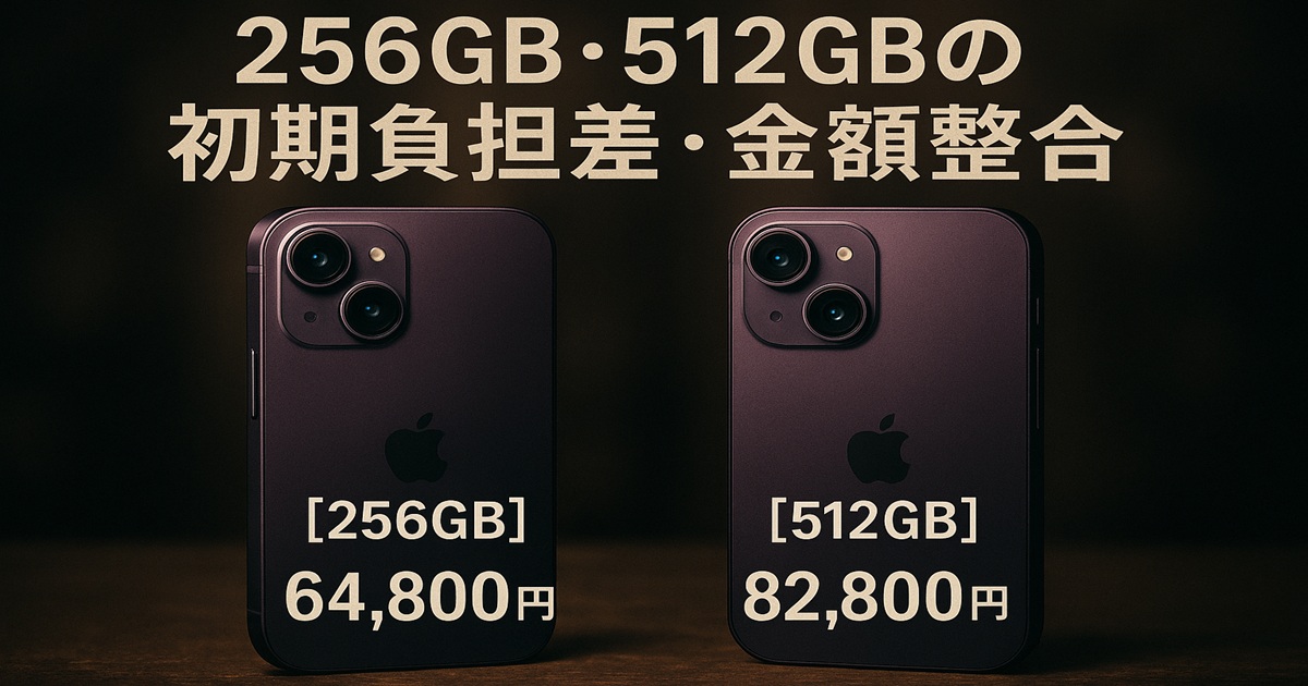 256GB・512GBの初期負担差。2台の背面を並べ、[256GB]と[512GB]の金額テキストを重ねた比較ビジュアル