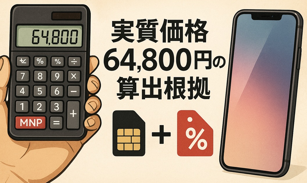 実質価格64,800円の算出根拠。『64,800』と表示した電卓、SIMカードと割引タグ、iPhoneのイラストで式を視覚化