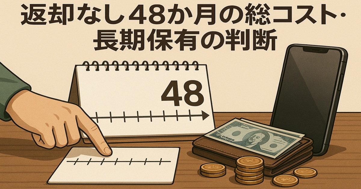 返却なし48か月の総コスト・長期保有の判断。卓上カレンダーの『48』と財布・コイン・スマホで長期支払いを表現