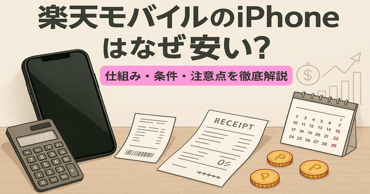 楽天モバイルのiPhoneがなぜ安いのかを解説するイラスト。机の上にスマートフォン、電卓、レシート、カレンダー、コインが並び、『楽天モバイルのiPhoneはなぜ安い？』というタイトルと『仕組み・条件・注意点を徹底解説』のテキストが添えられている。楽天モバイルの安さの理由を視覚的に示す構図。