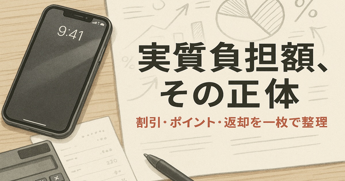 机の上にスマートフォン、電卓、グラフ入りの資料とペンが並ぶイラスト。『実質負担額、その正体』の文字とともに、楽天モバイルのiPhone購入における割引・ポイント・返却の関係を整理して説明する構図。