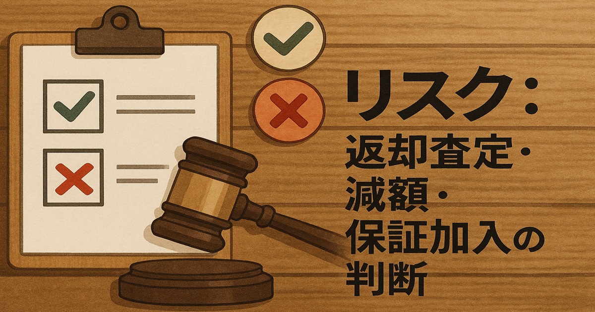 木の机の上にチェックリストと木槌が置かれている。返却査定や減額リスク、保証加入をテーマにしたイラスト。