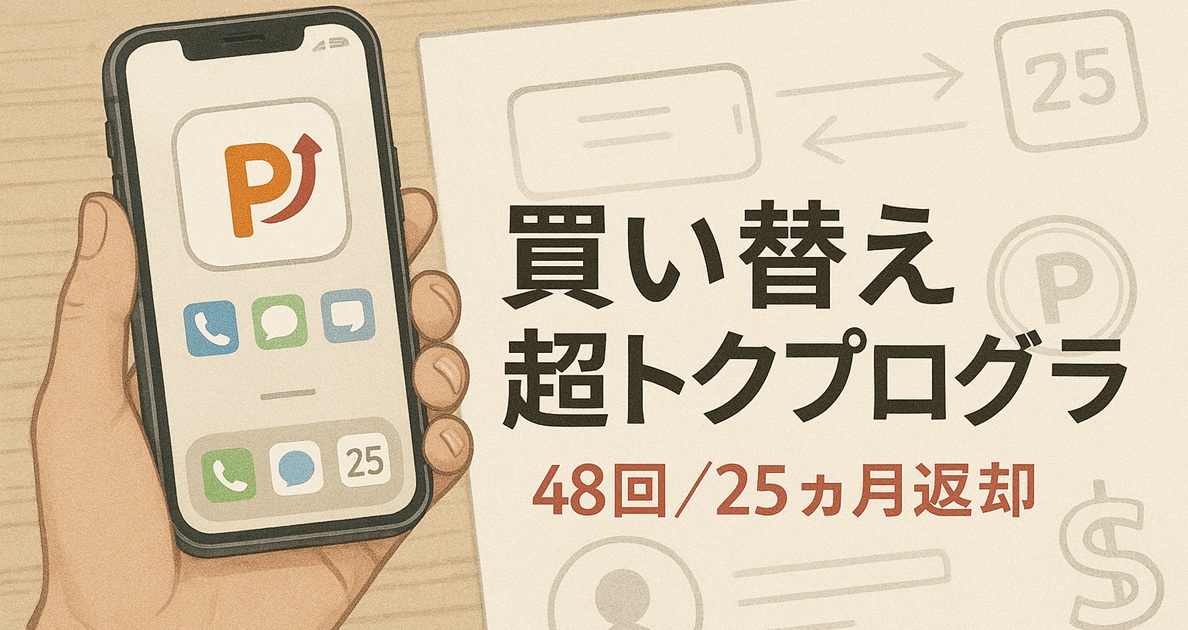 楽天モバイルの買い替え超トクプログラムを説明するイラスト。手にしたスマートフォン画面に矢印付きのPロゴが表示され、『48回／25カ月返却』の文字が大きく示されており、返却による残債免除を視覚的に表している。