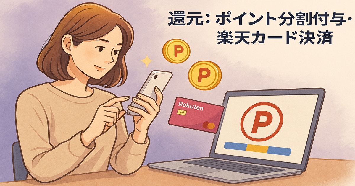 スマホを操作する女性とノートPCの画面に楽天ポイントマーク。「P」アイコンや楽天カードが描かれた還元説明用イラスト。
