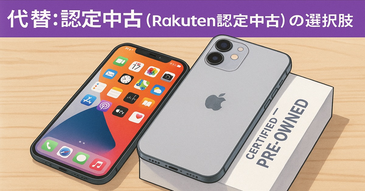 デスク上にiPhoneと「CERTIFIED PRE-OWNED」と書かれた箱。楽天認定中古の安心感を示すリアル風イラスト。