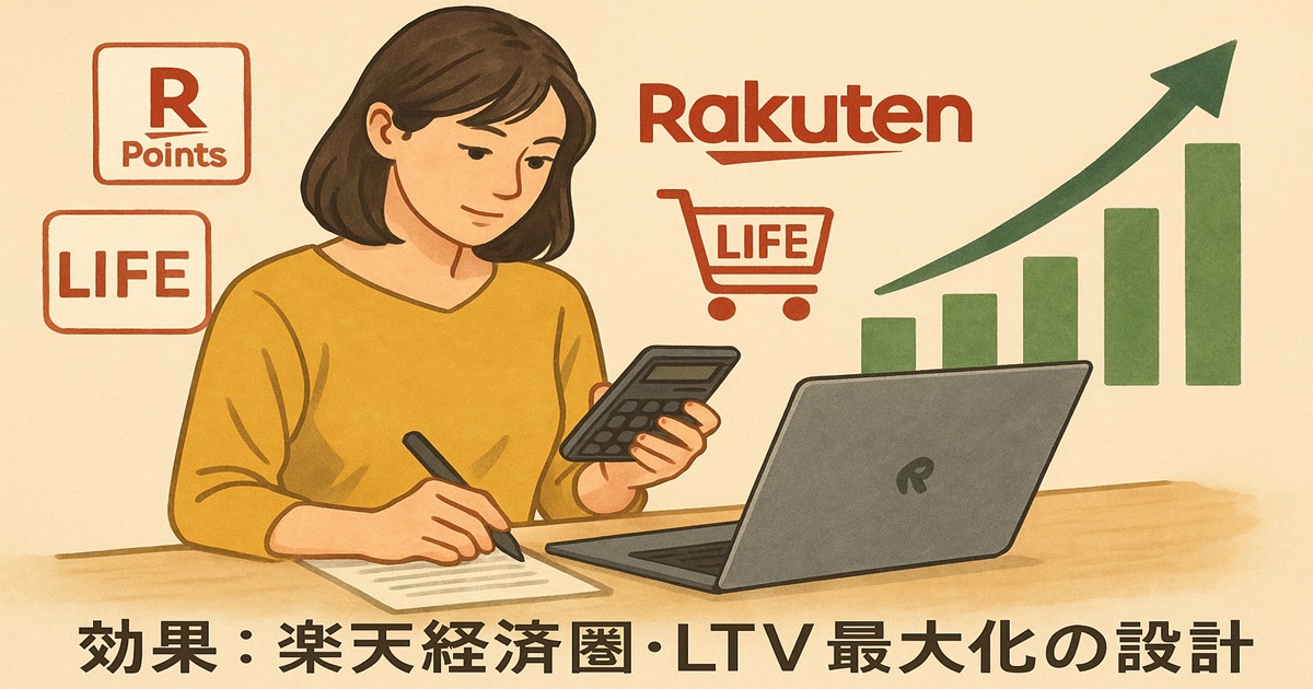 ノートPCで計算する女性と「Rakuten」「Rポイント」「LIFE」ロゴ、右側に上昇グラフ。楽天経済圏効果を象徴するイメージ。