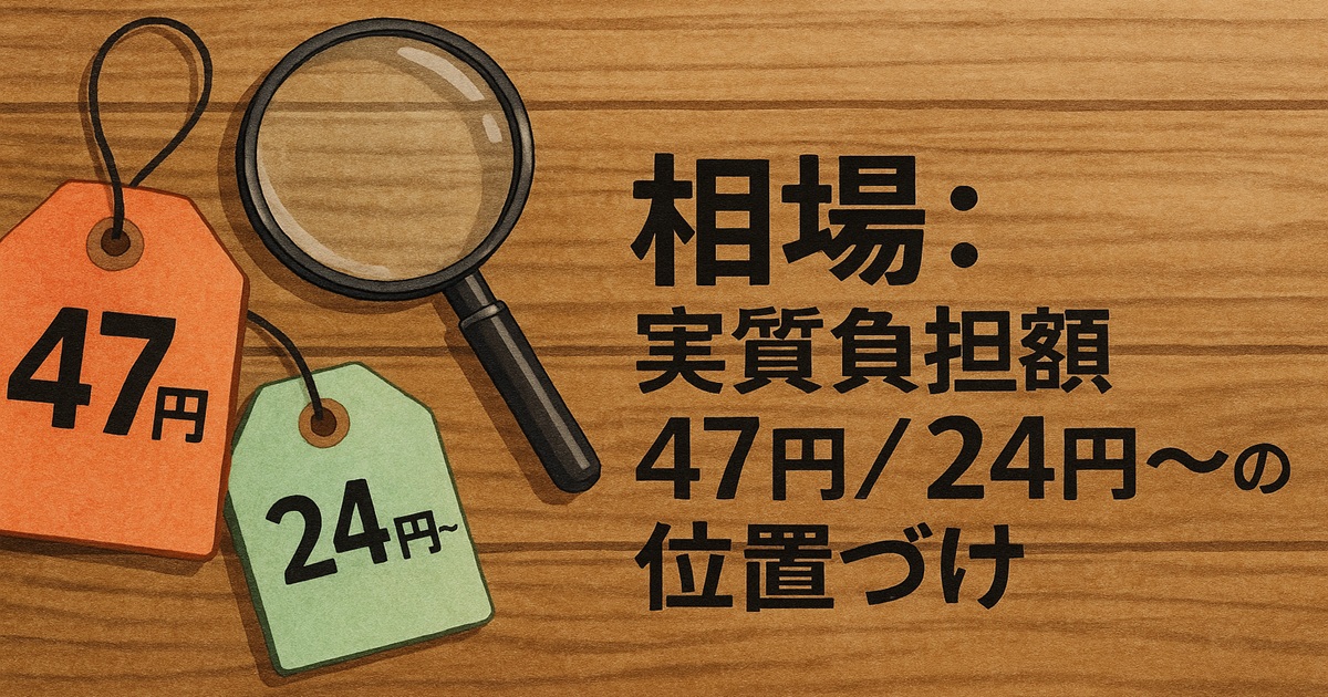 木目のテーブルに「47円」「24円〜」の値札タグと虫眼鏡が置かれている。楽天モバイルのiPhone実質負担額をイメージしたイラスト。