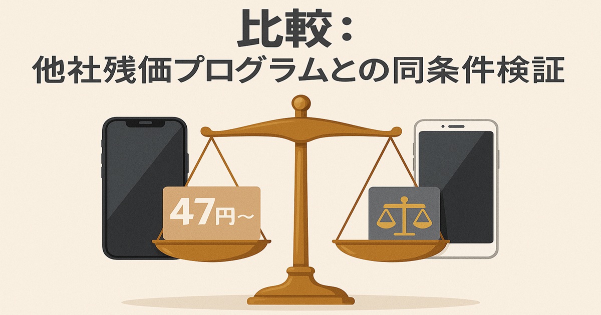 2台のスマートフォンが天秤にかけられ、片方に「47円〜」の札がついている。他社との残価プログラム比較を示すイラスト。