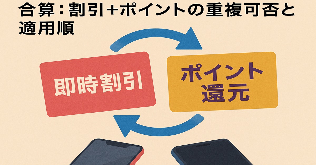 「即時割引」と「ポイント還元」が矢印でつながれた図。楽天モバイルの割引とポイント付与の仕組みを説明するイメージ。