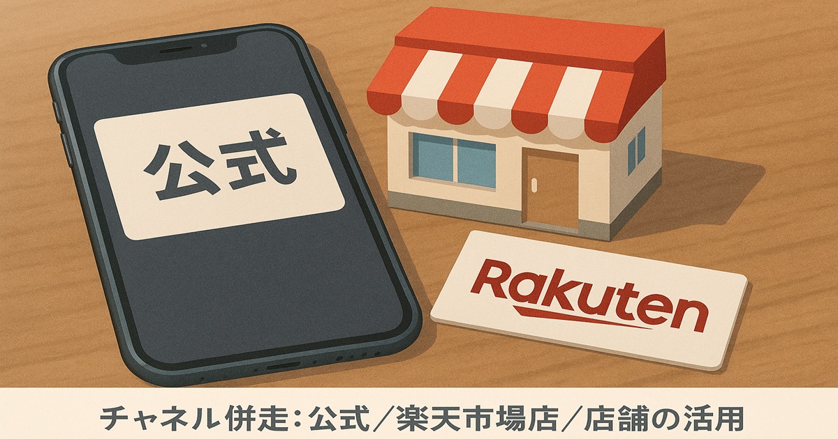 スマホの“公式”表示とRakutenロゴ、店舗イラストを組み合わせ、複数チャネルを併走して在庫を狙う重要性を示すバナー