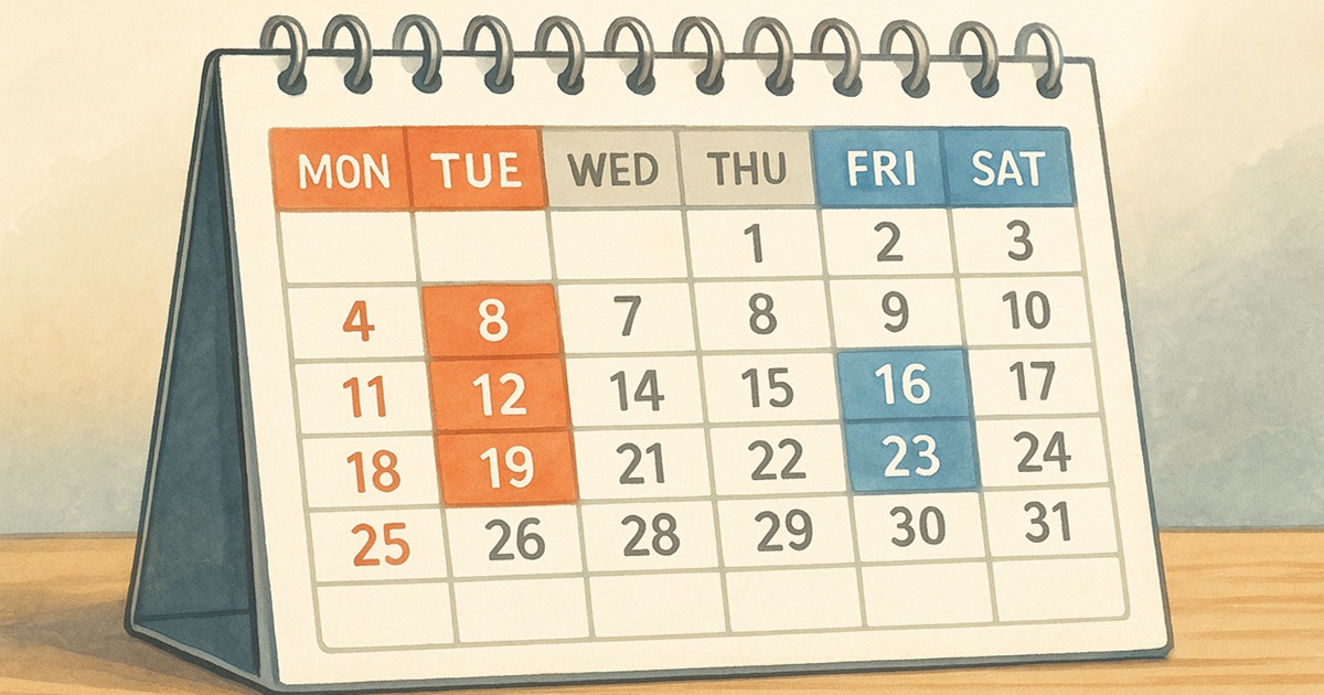 火曜日と金曜日が強調された卓上カレンダーのイラスト。楽天モバイルの在庫復活曜日を説明するための画像