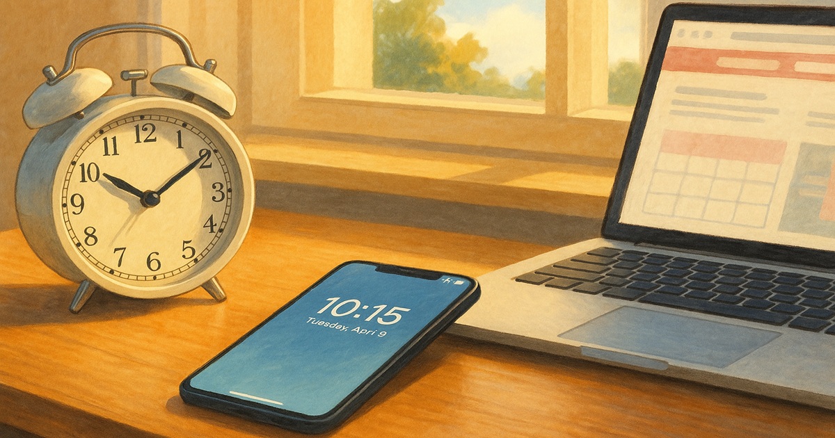 iPhoneと目覚まし時計が置かれたデスクの朝10時15分を示すイラスト。楽天モバイルの在庫更新時間の説明用