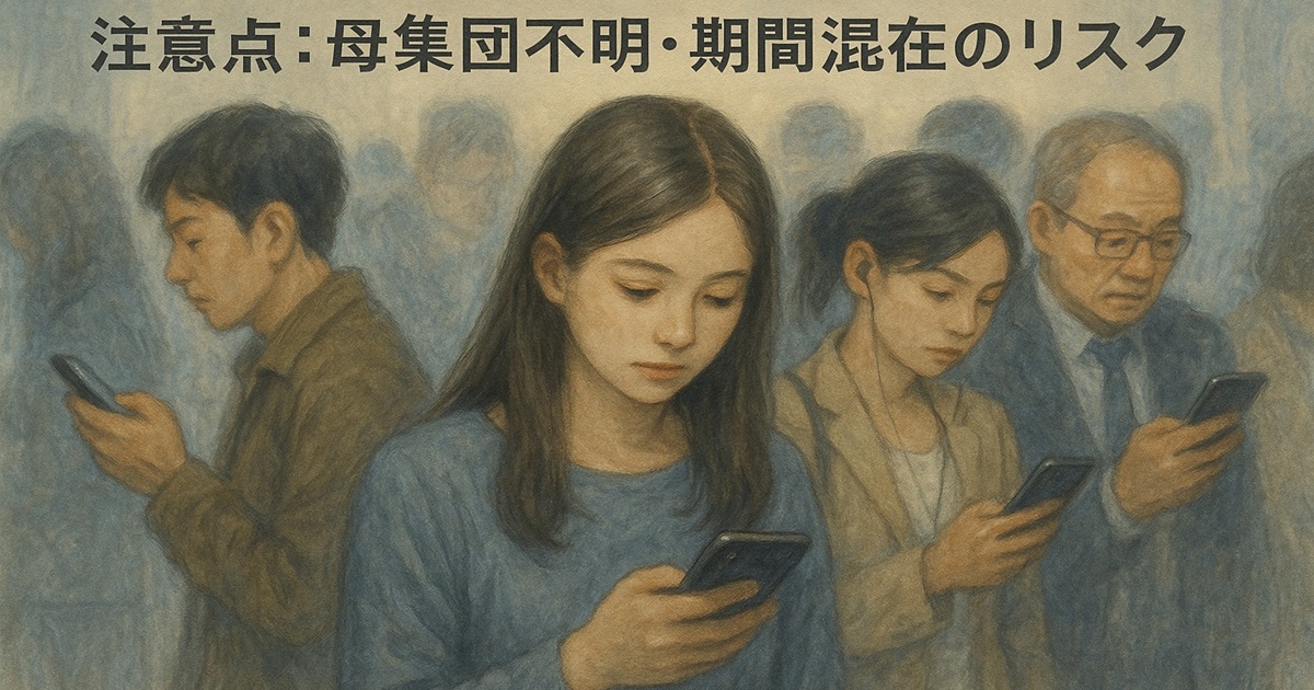 人々がスマートフォンを見つめる様子を描いたイラストで、在庫データの母集団や期間に不明点が多いリスクを示すバナー画像