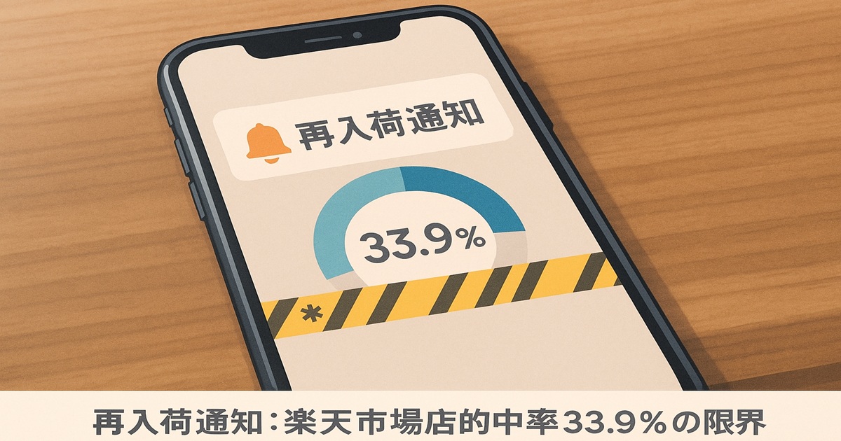 スマホ画面に再入荷通知と33.9％の表示が出ており、楽天市場店の通知が完全ではないことを示すイメージバナー