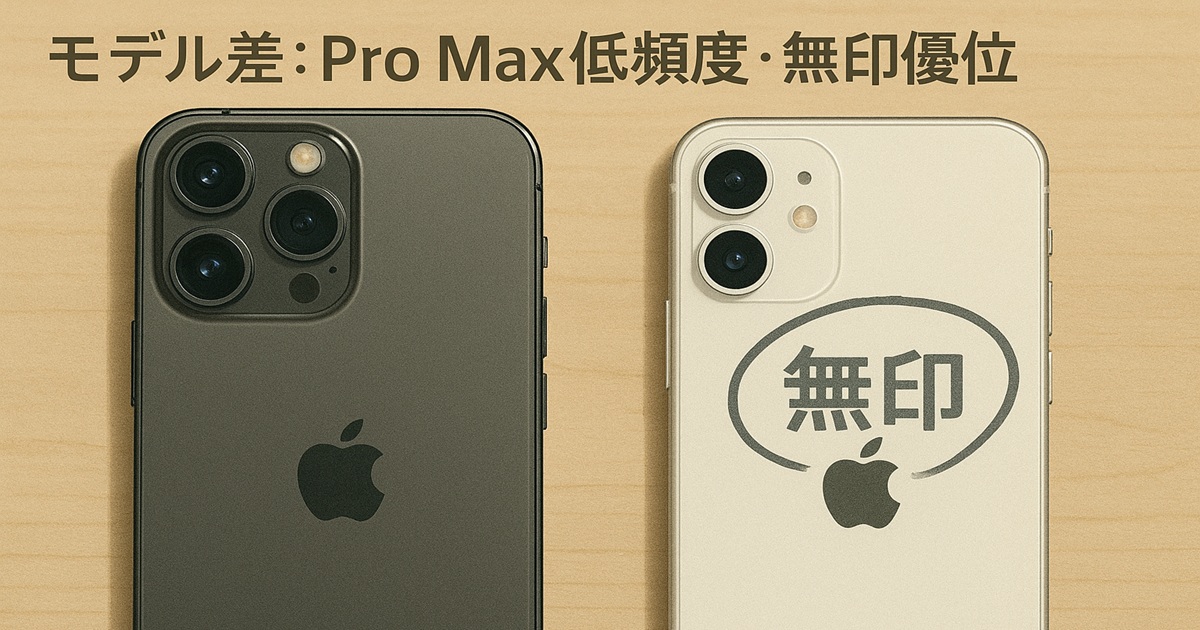 iPhone Pro Maxと無印モデルを並べ、Pro Maxは在庫復活が少なく、無印のほうが購入しやすいことを示すバナー画像