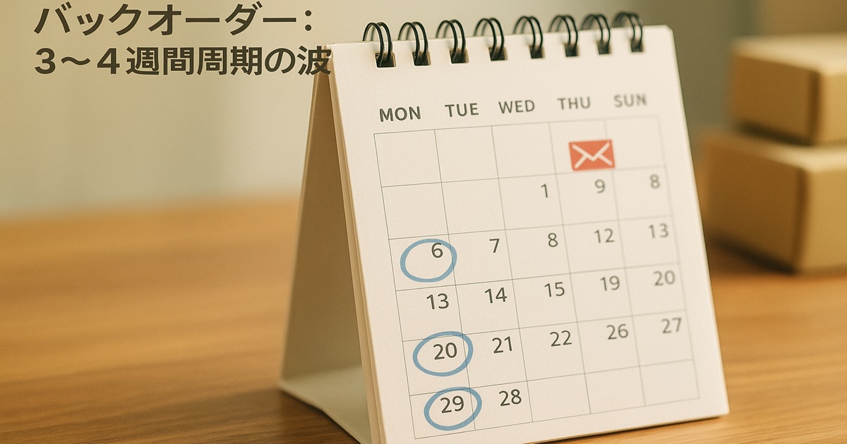 3〜4週間周期を示す卓上カレンダーのイラスト。iPhoneのバックオーダー周期を説明するための画像