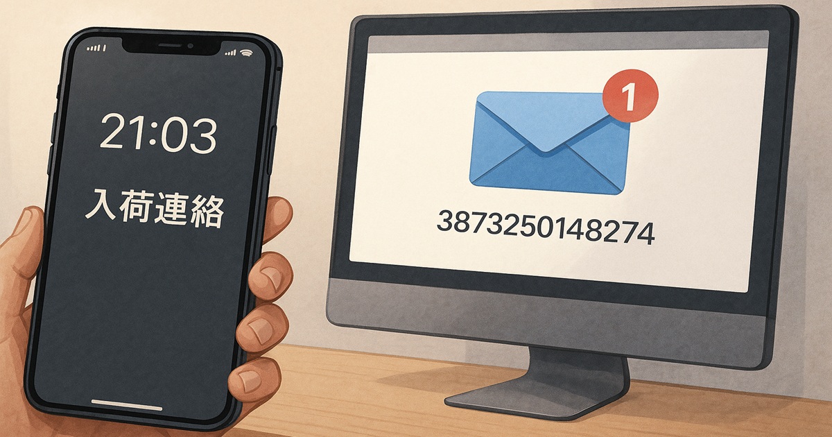 入荷通知のメールを受け取ったスマートフォンとパソコンのイラスト。楽天モバイルでの在庫通知の仕組みを説明する画像