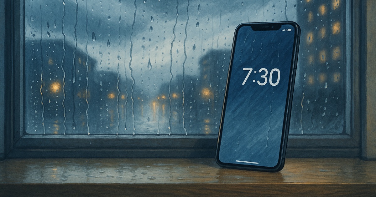 窓に雨粒がついた嵐の朝7時30分、iPhoneが早朝在庫更新を示すイラスト