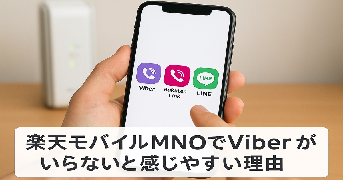 スマートフォン画面にViber・Rakuten Link・LINEの3つのアイコンが並び、楽天モバイルでViberが不要と感じやすい理由を紹介する構成のフォト風バナー