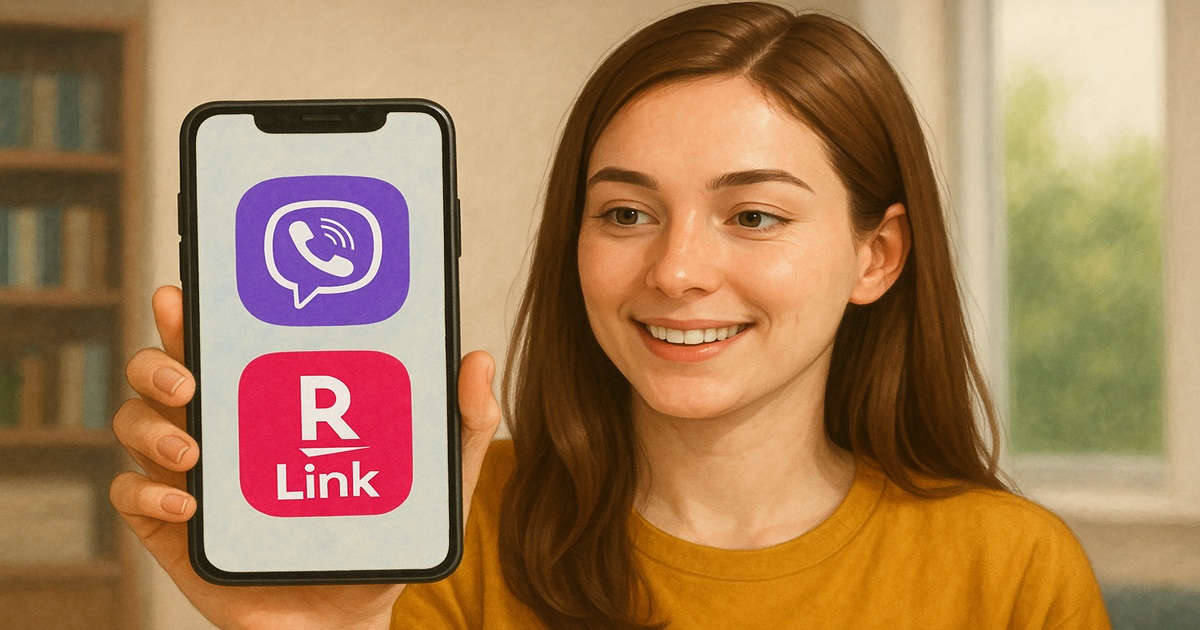 ViberとRakuten Linkのアイコンを表示したスマホを手にする女性。両アプリの役割比較を示すバナー