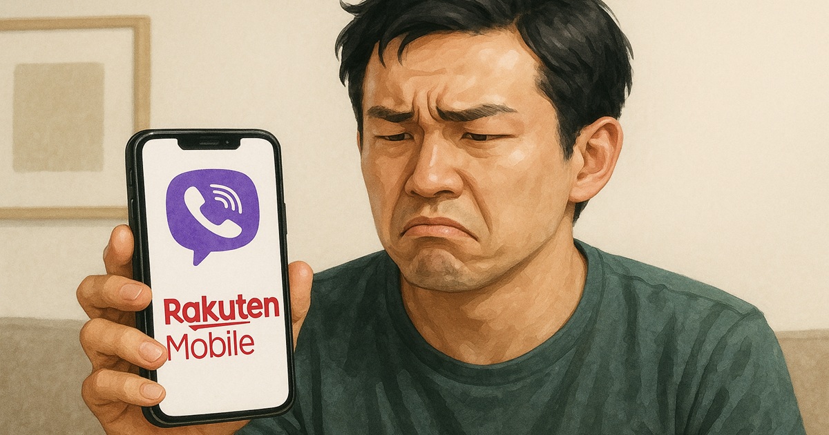 楽天モバイル契約者がViberアプリ画面を見て必要性に疑問を持つ様子を描いたイラスト