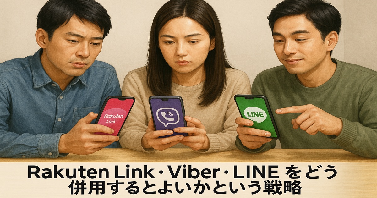 Rakuten Link・Viber・LINEを比較しながらスマホで確認する3人の利用者。3アプリの使い分け戦略を示すバナー画像